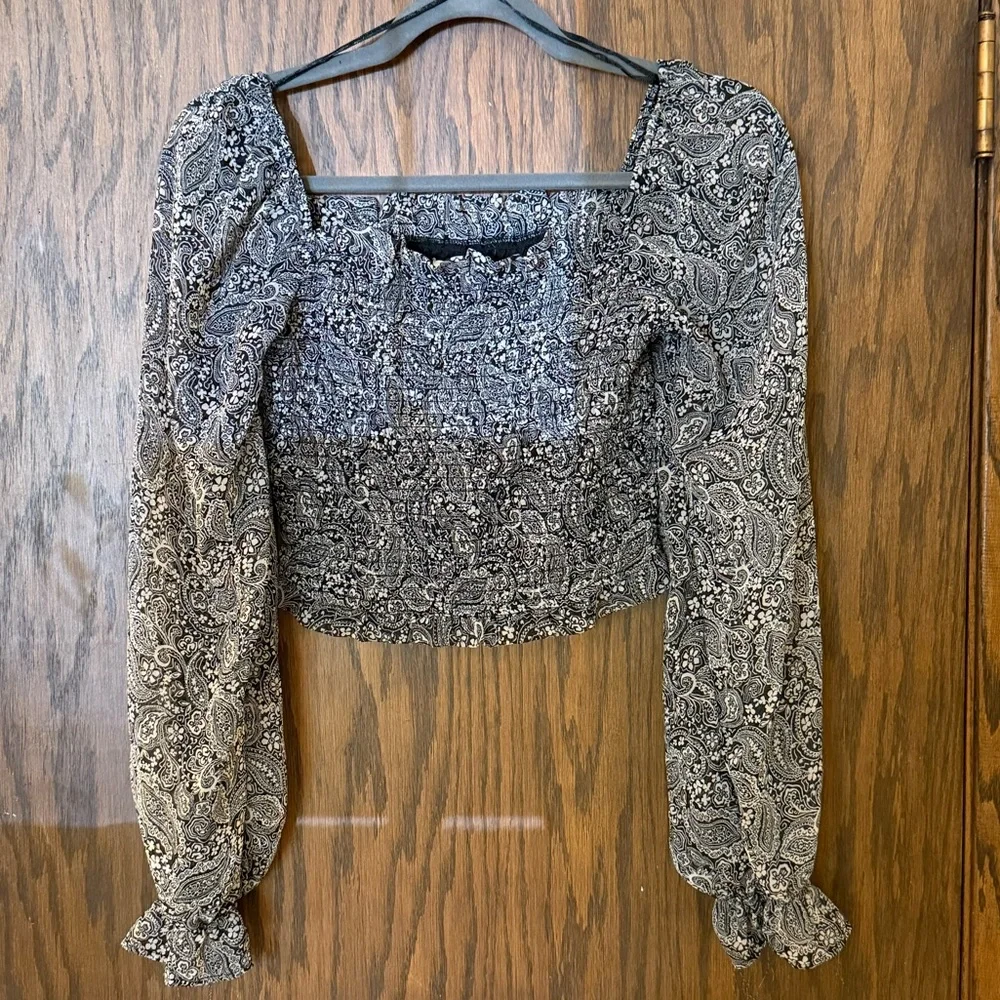 3 for $15 Japna Black Gray Paisley Print Smocked Blouse Cottagecore Whimsigoth